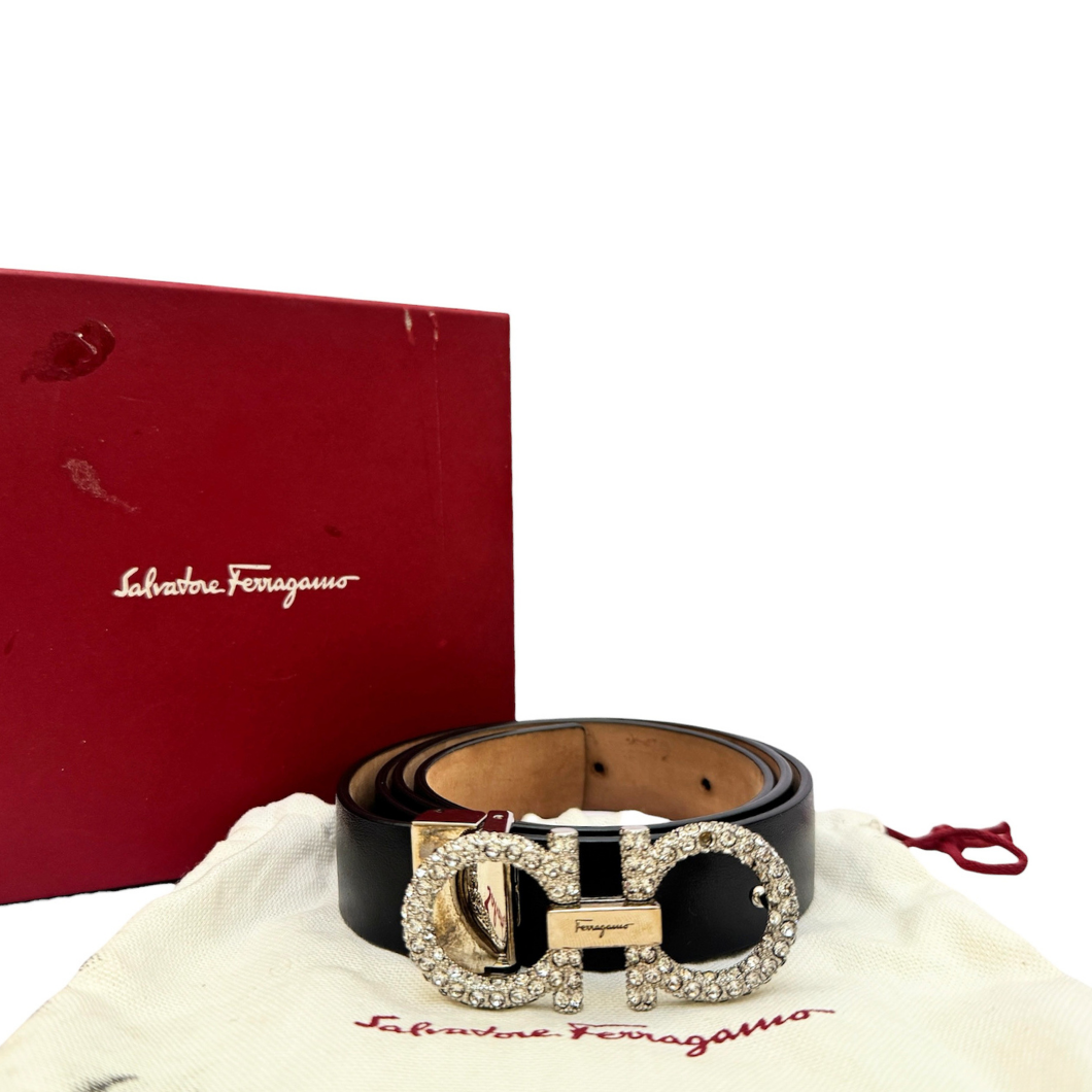 Salvatore Ferragamo Gancini Crystal Belt in Black Leather, Size 75cm