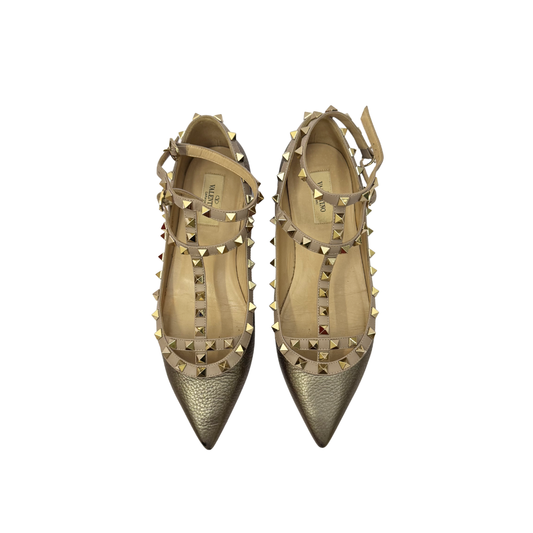 Valentino Garavani Rockstud Caged Ballet Flats in Metallic Pewter, Size 39