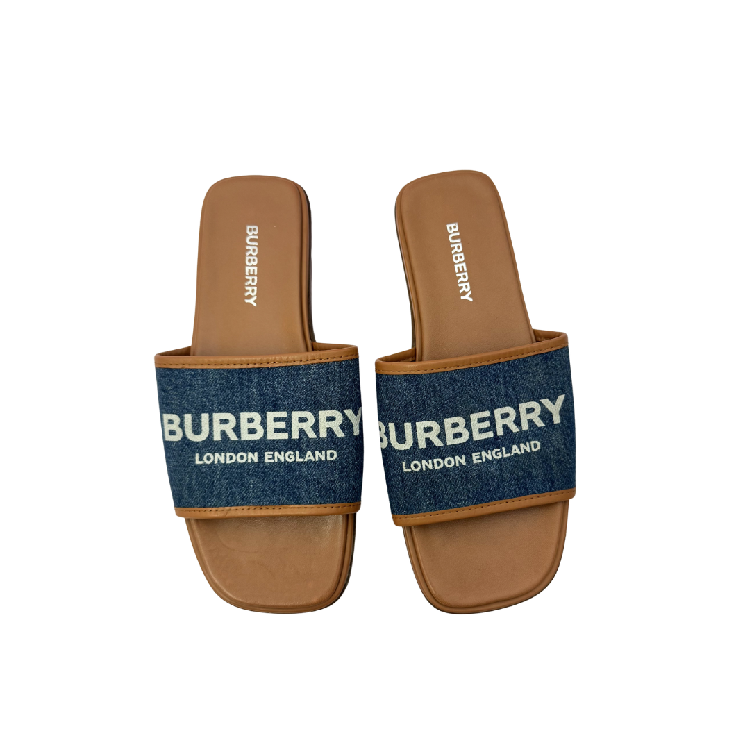 Burberry Check Denim Slides in Blue, Size 36