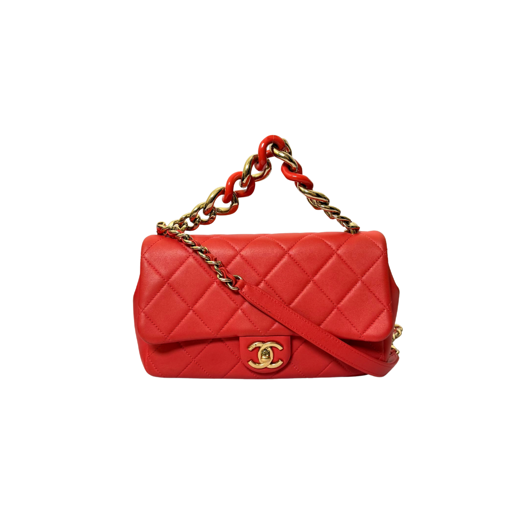 Chanel Flap Bag with Chunky Resin-Link Chain in Coral Red Lambskin