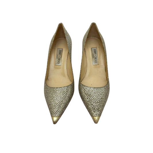 Jimmy Choo Romy 85 Pumps in Gold Glitter with Metallic Toe, Size 40