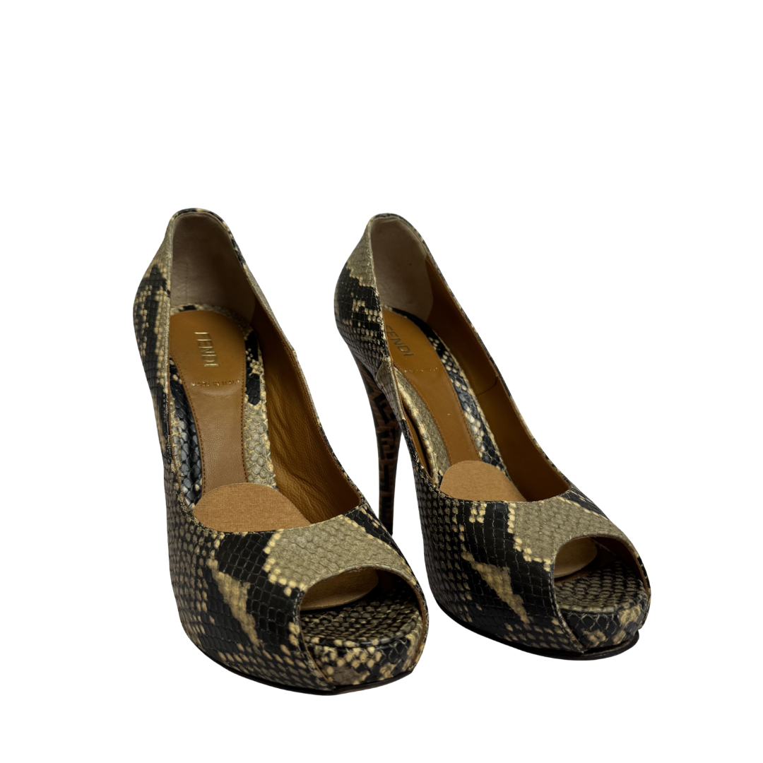 Fendi Brown Python Embossed Leather Peeptoes - Size 37