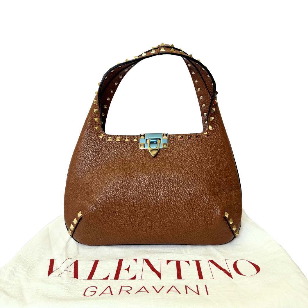Valentino Garavani Rockstud Hobo Bag in Brown Leather