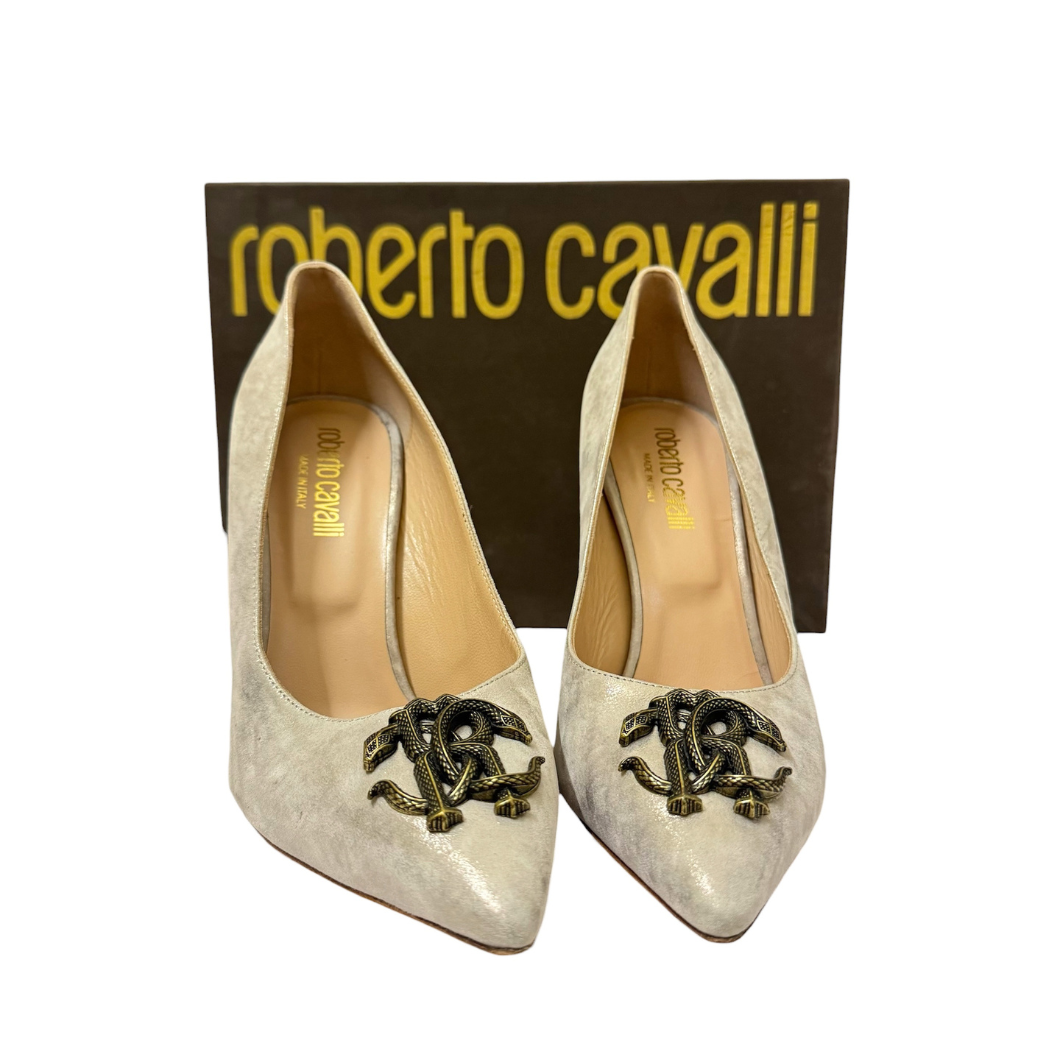 Roberto Cavalli Snake Logo Pumps in Grey Suede, Size 39