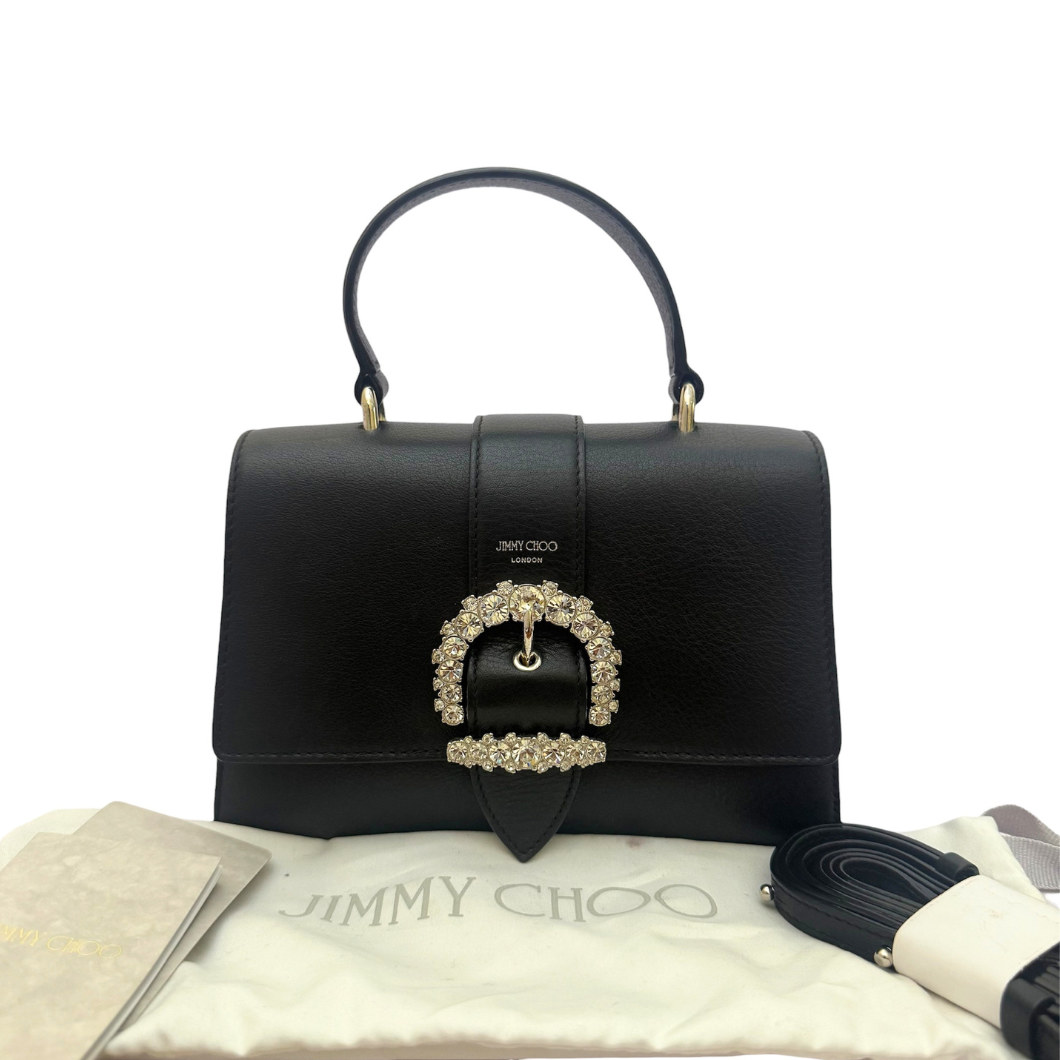 Jimmy Choo Cheri Top Handle Bag in Black Leather with Crystal Buckle