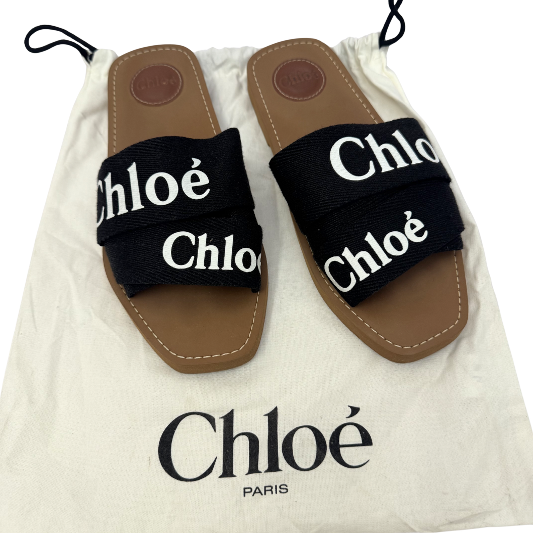 Chloé Woody Slides in Black Canvas, Size 39