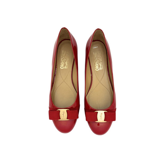 Salvatore Ferragamo Vara Bow Ballet Flats in Red Patent Leather, Size 39