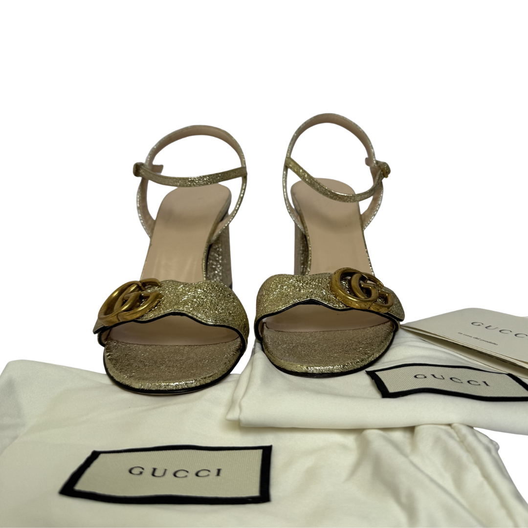 Gucci GG Gold Leather Scalloped Accent Sandals - Size 36