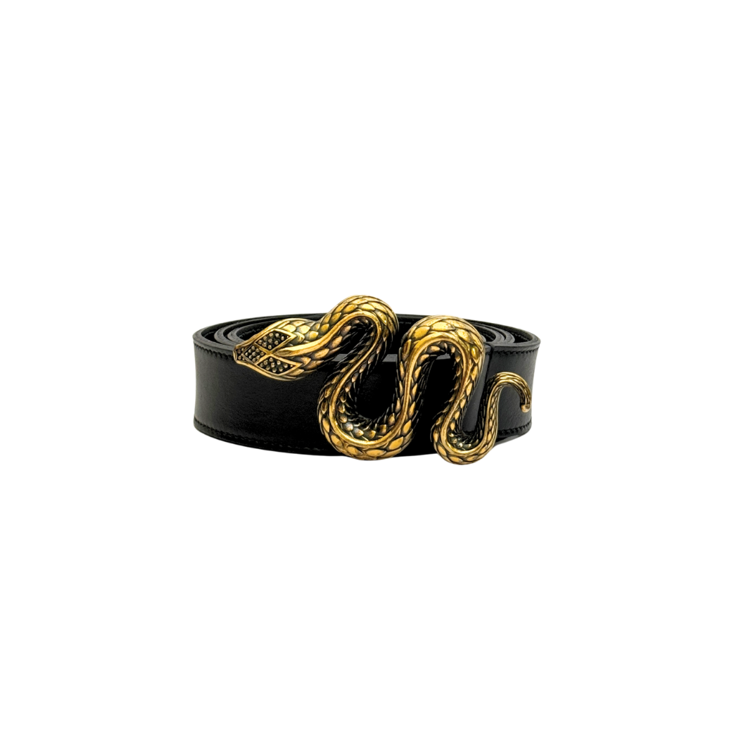 Roberto Cavalli Snake Buckle Belt in Black Leather, Size 100