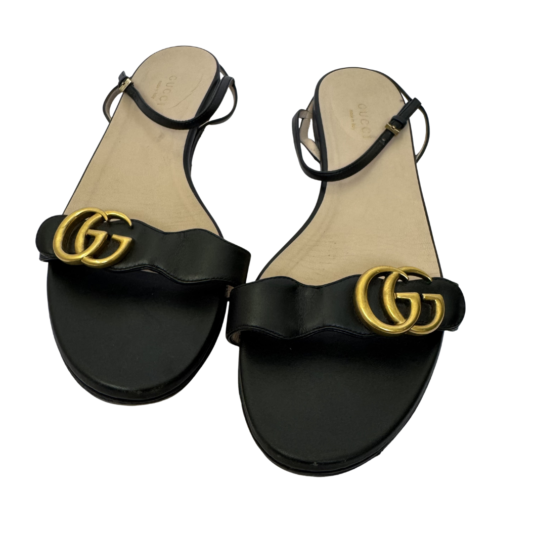 Gucci GG Marmont Flat Sandals in Black Leather - Size 39