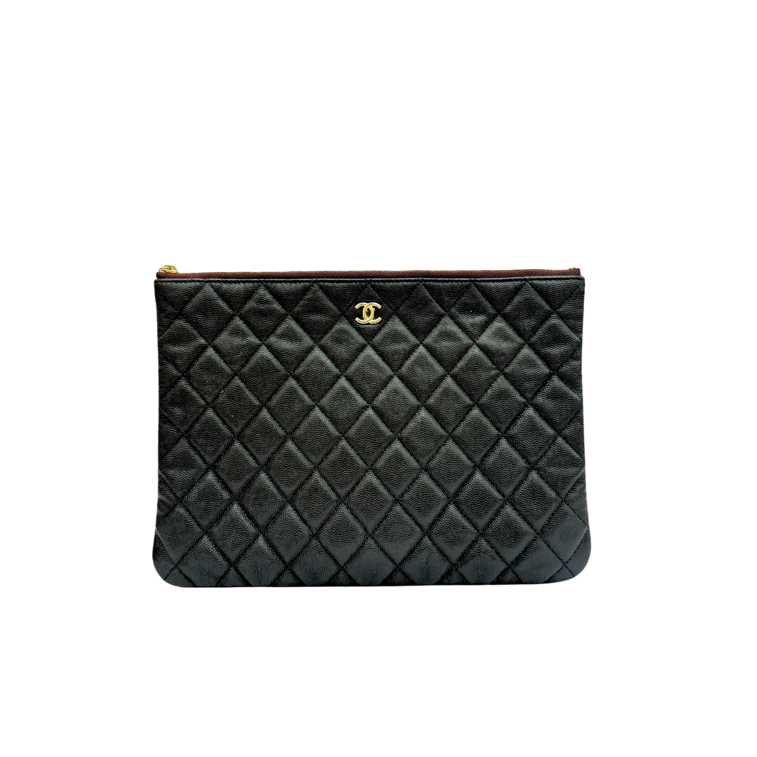Chanel O Case Large Zip Pouch in Black Caviar Leather