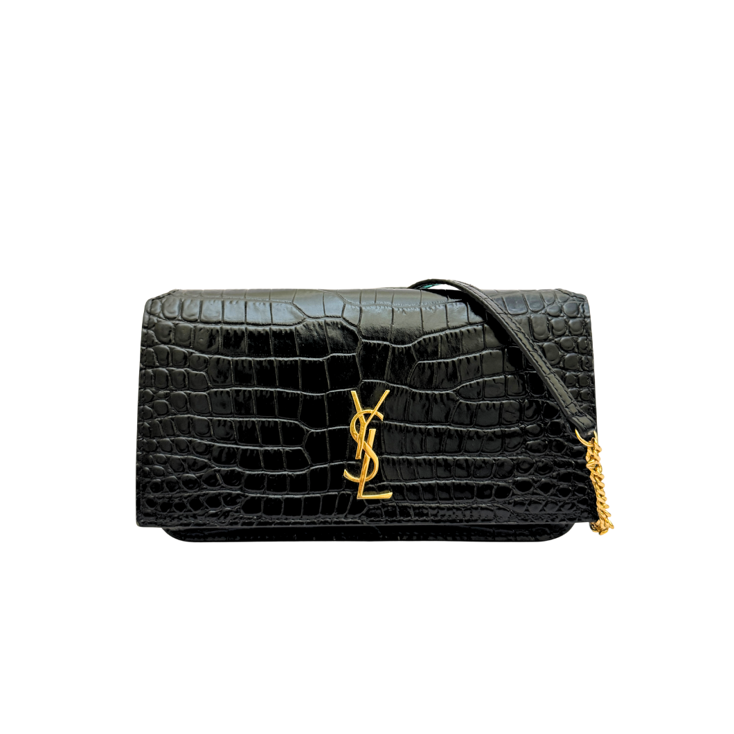 Saint Laurent Cassandre Phone Holder on Chain in Black Crocodile-Embossed Leather