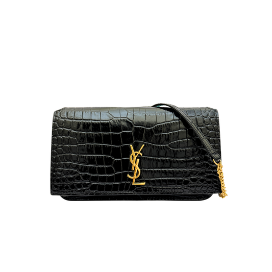Saint Laurent Cassandre Phone Holder on Chain in Black Crocodile-Embossed Leather