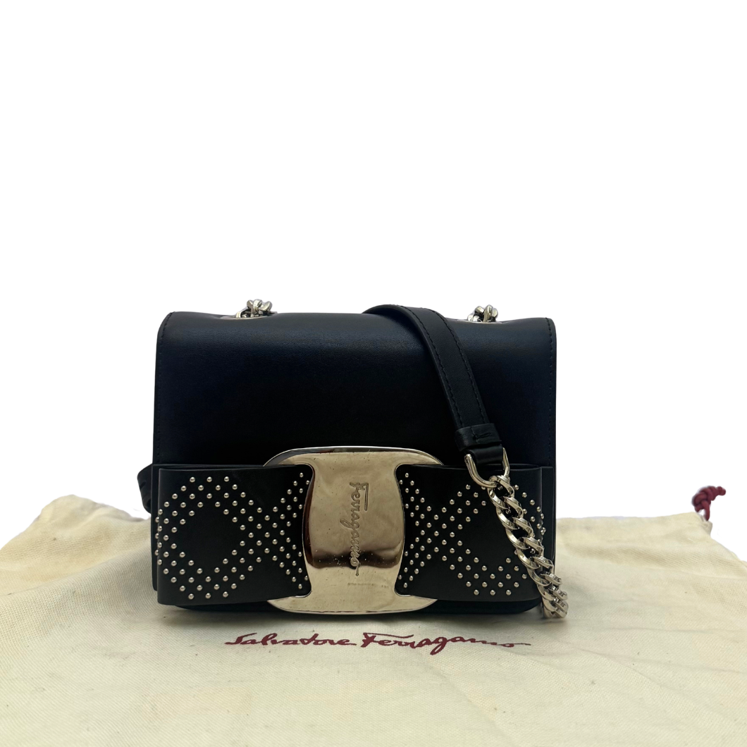 Salvatore Ferragamo Mini Vara Bow Crossbody Bag in Black Studded Leather