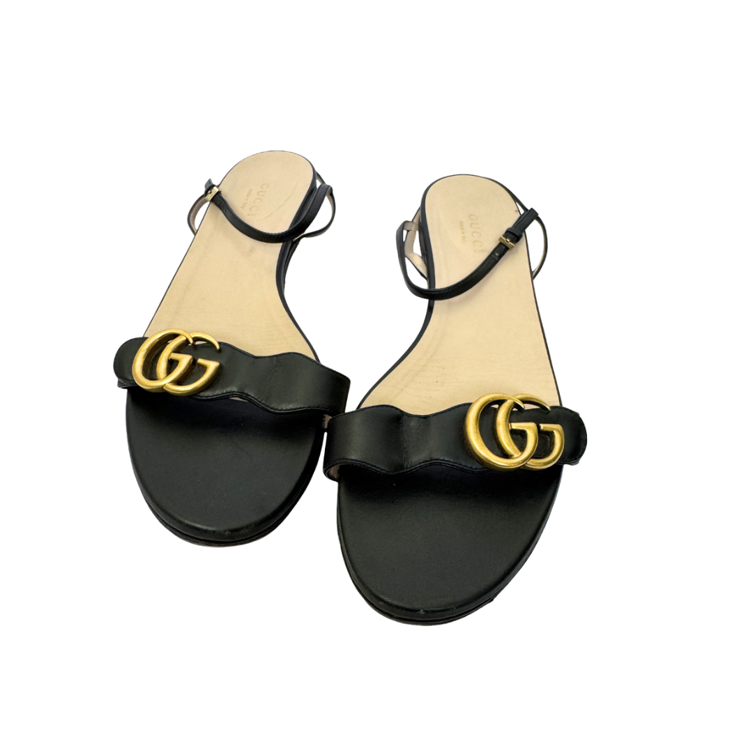 Gucci GG Marmont Flat Sandals in Black Leather - Size 39