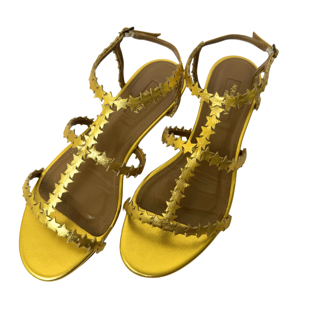 Aquazzura Starlight Gold Metallic Leather Sandals - Size 36.5