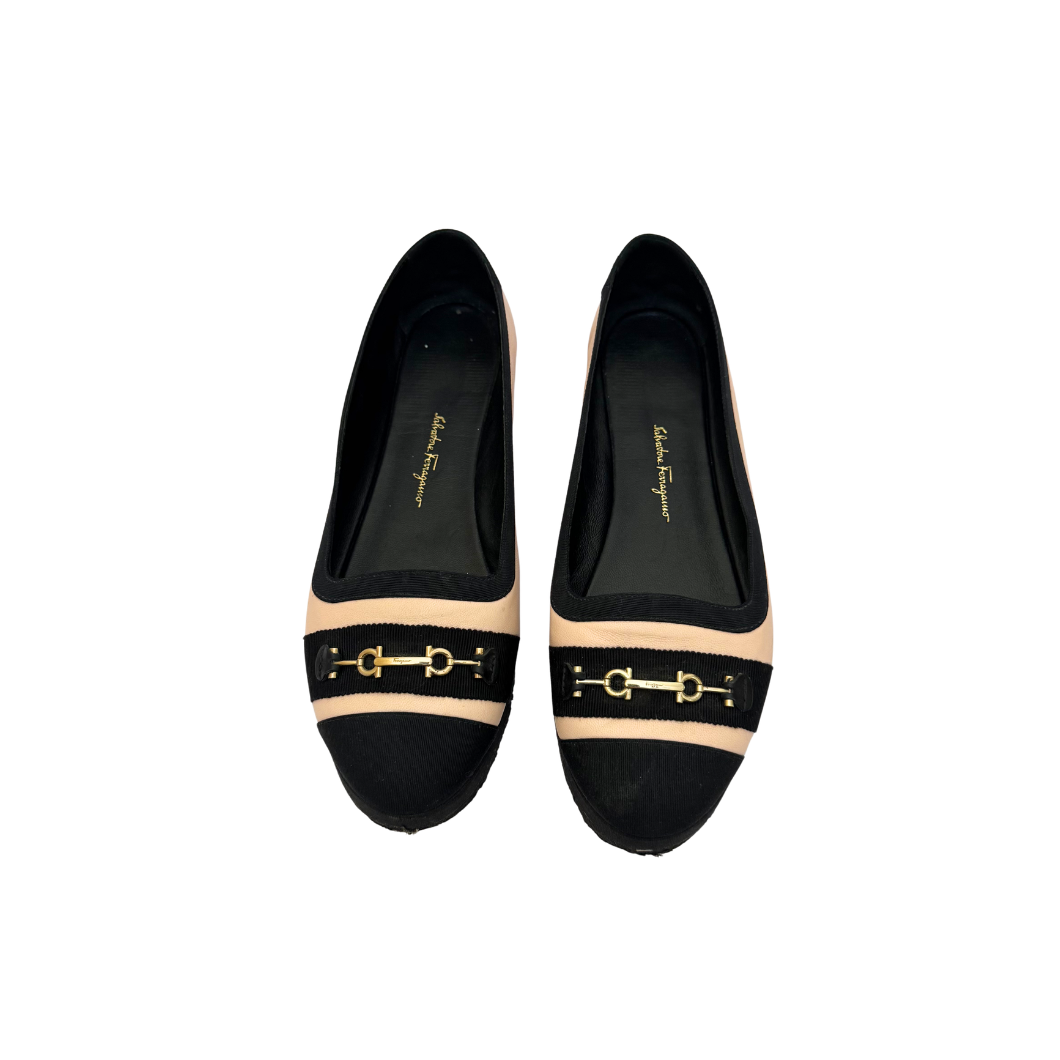 Salvatore Ferragamo Kaci Gancini Ballet Flats in Pink and Black, Size 39