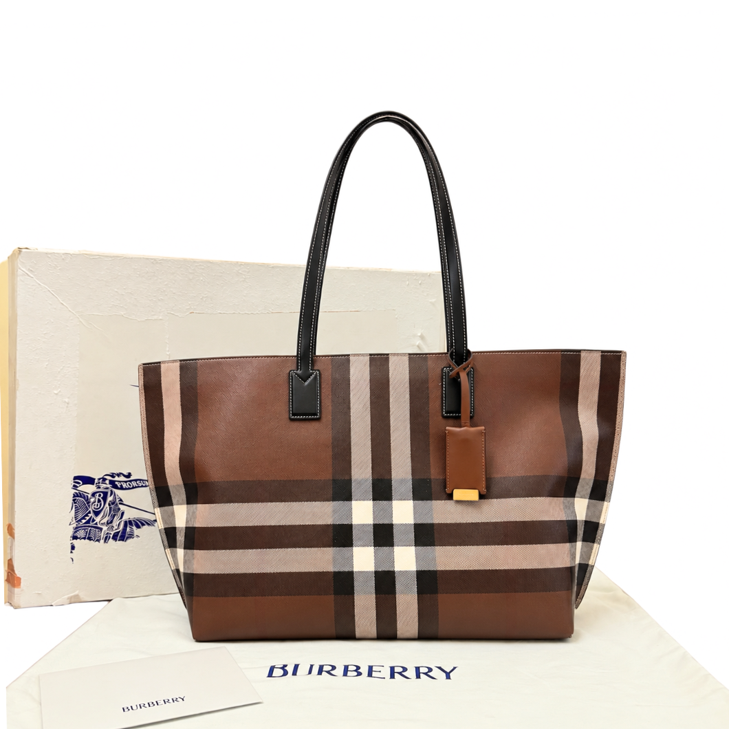 Burberry Medium Check Tote in Dark Birch Brown