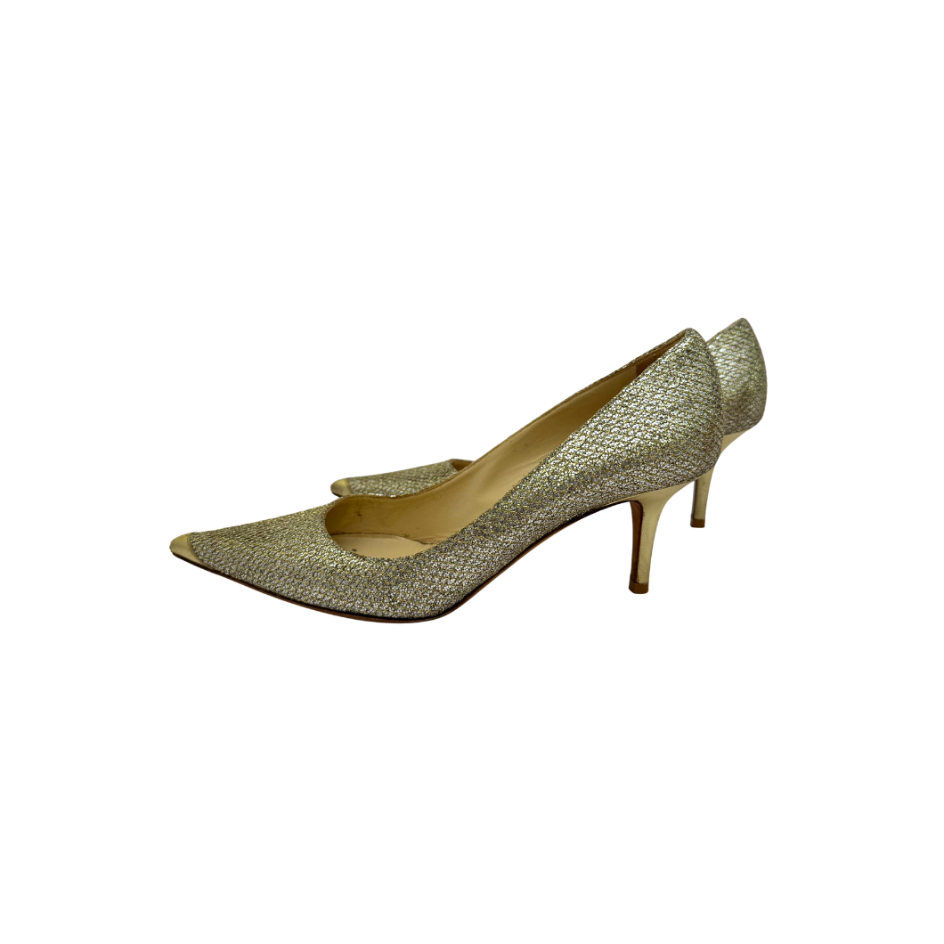 Jimmy Choo Romy 85 Pumps in Gold Glitter with Metallic Toe, Size 40