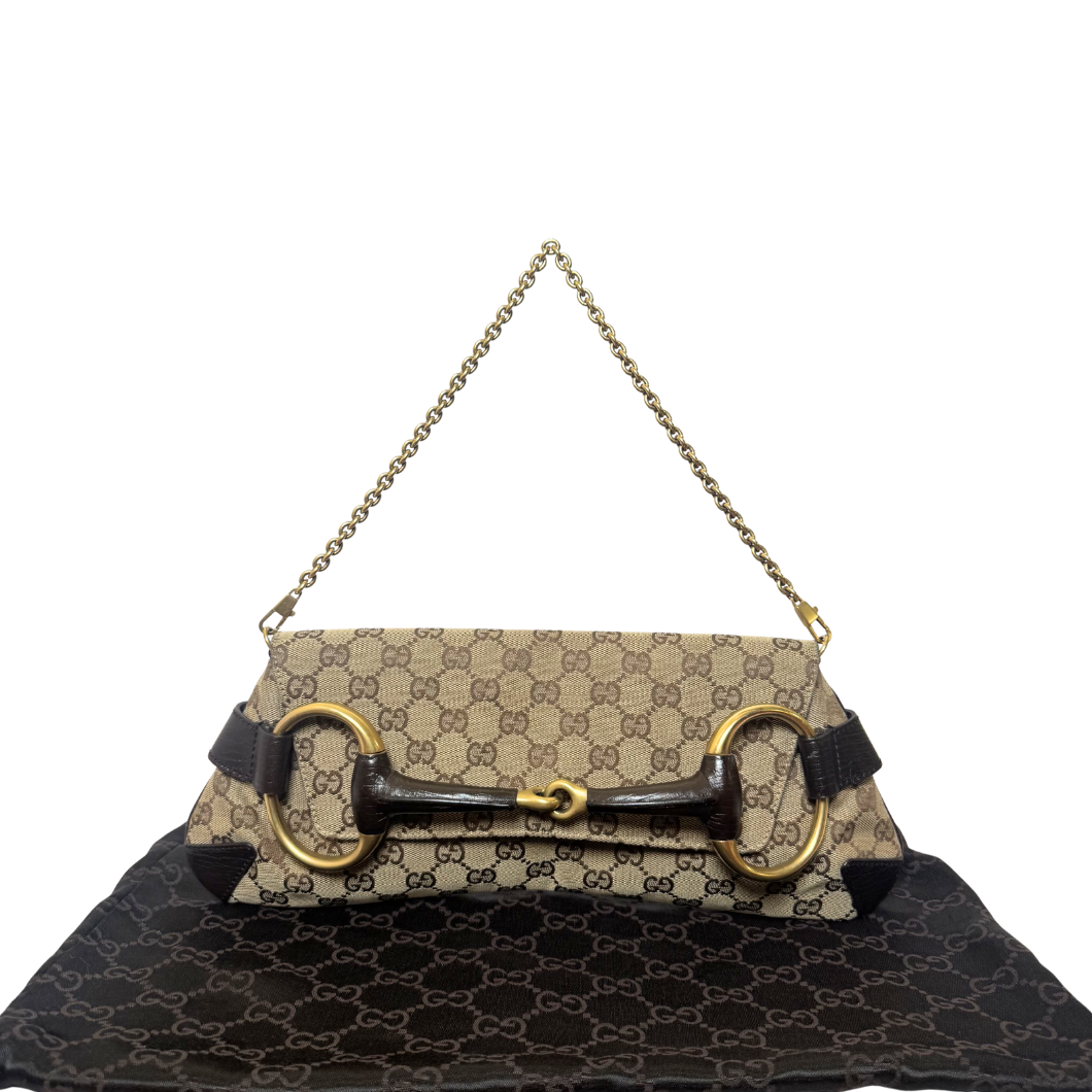 Gucci Monogram Horsebit Chain Bag in GG Supreme Canvas with Gold Hardware