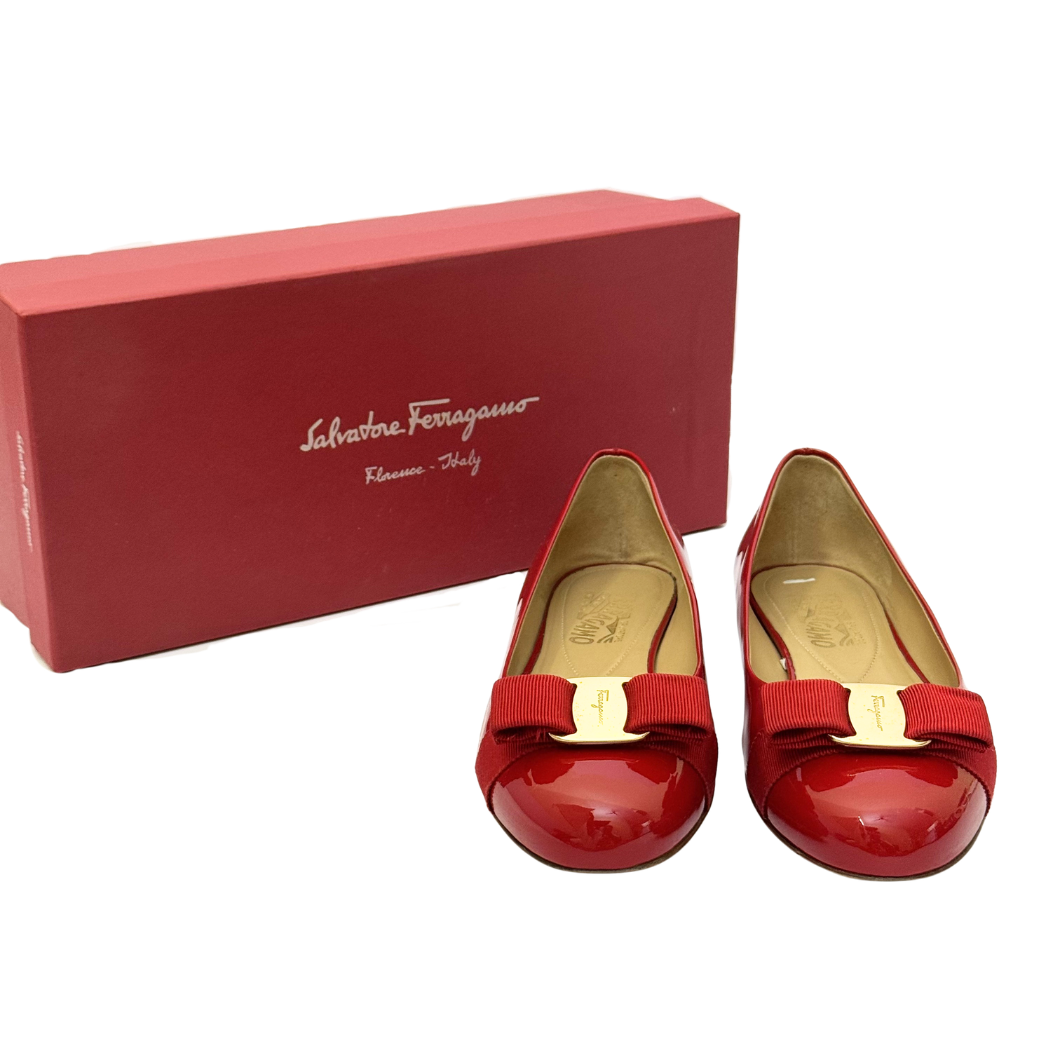 Salvatore Ferragamo Vara Bow Ballet Flats in Red Patent Leather, Size 39