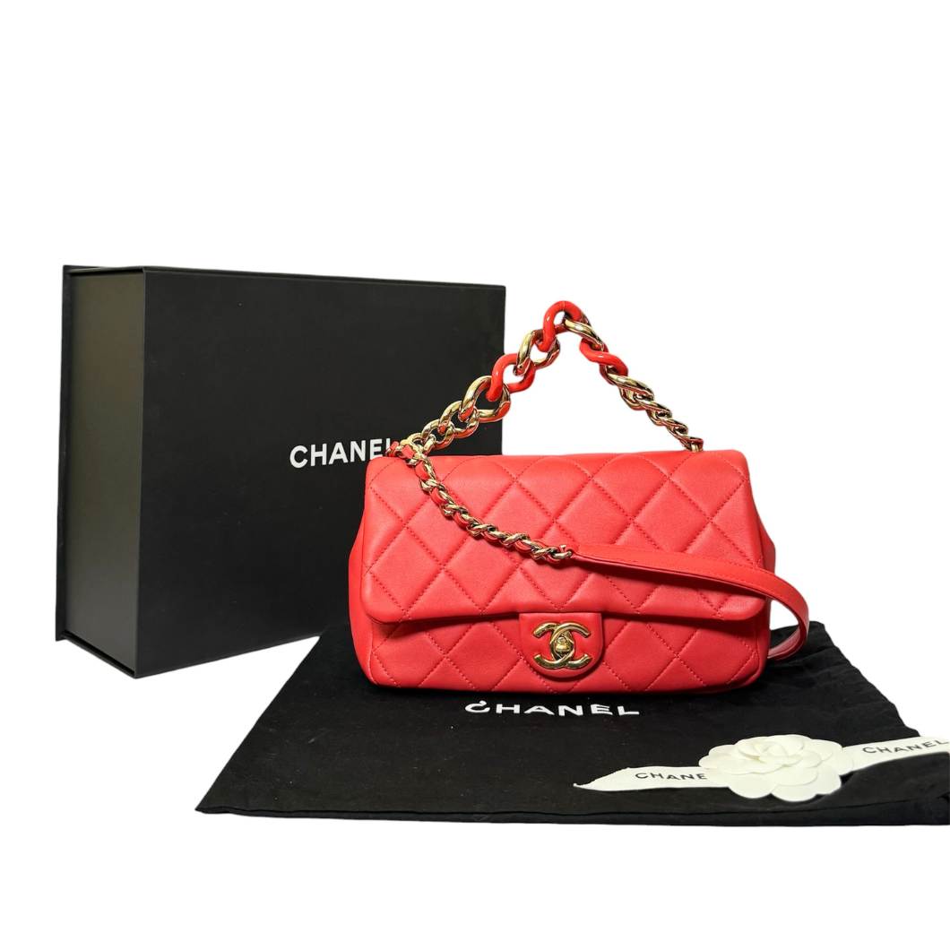 Chanel Flap Bag with Chunky Resin-Link Chain in Coral Red Lambskin