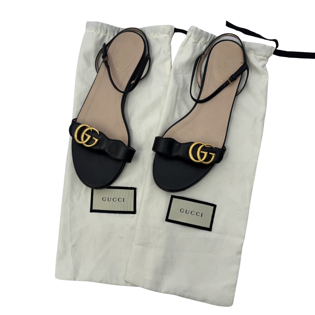 Gucci GG Marmont Flat Sandals in Black Leather - Size 39