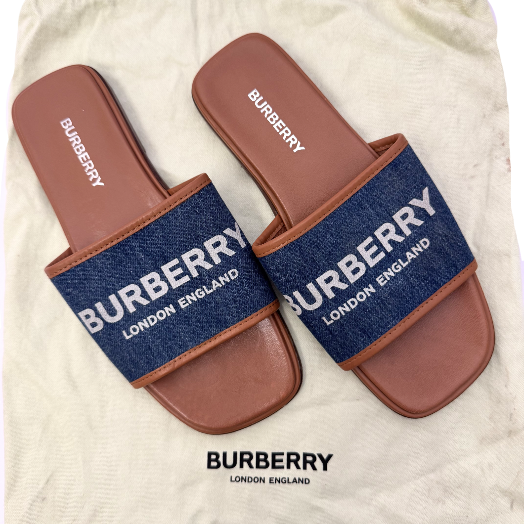 Burberry Check Denim Slides in Blue, Size 36