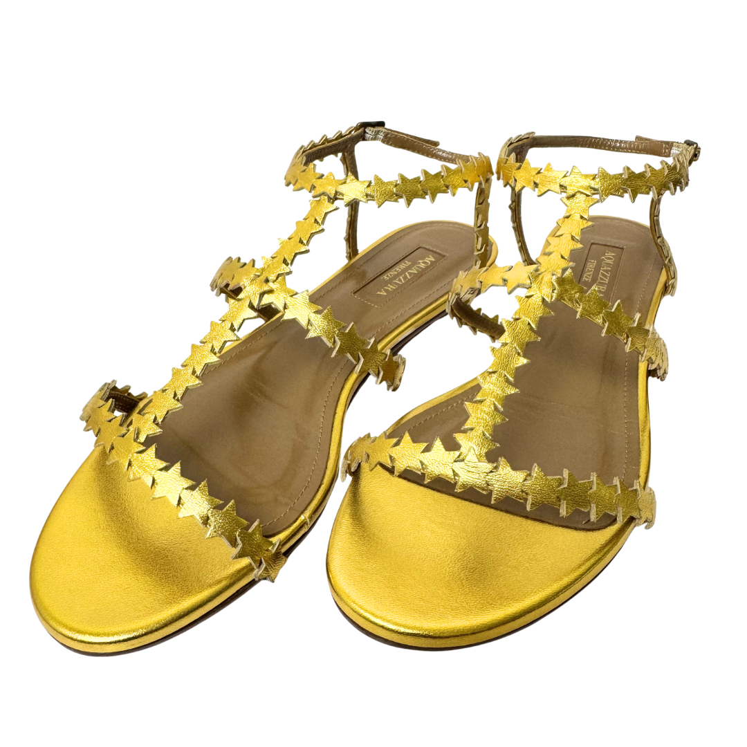 Aquazzura Starlight Gold Metallic Leather Sandals - Size 36.5
