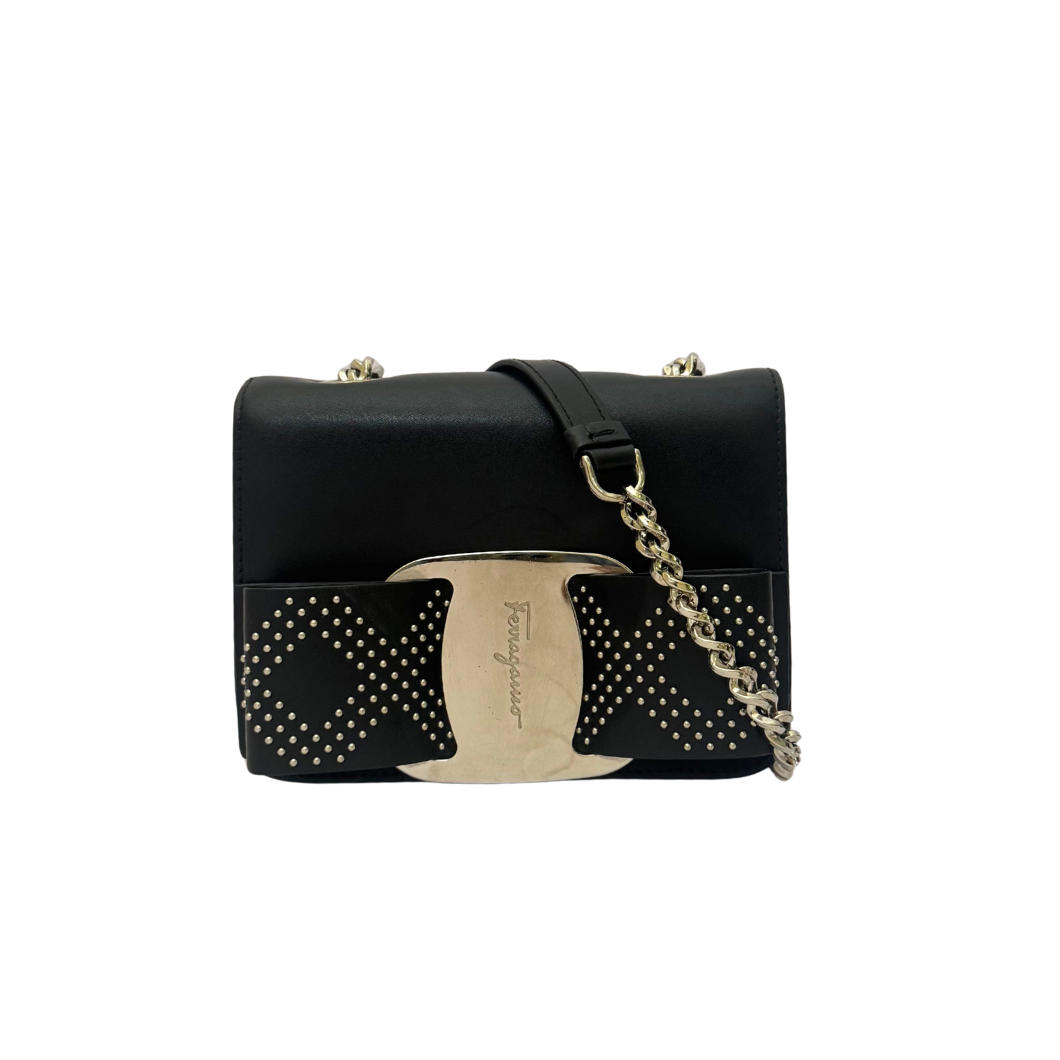 Salvatore Ferragamo Mini Vara Bow Crossbody Bag in Black Studded Leather