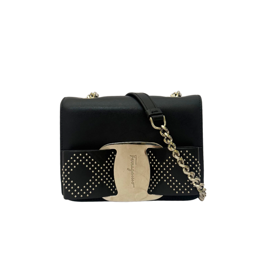 Salvatore Ferragamo Mini Vara Bow Crossbody Bag in Black Studded Leather