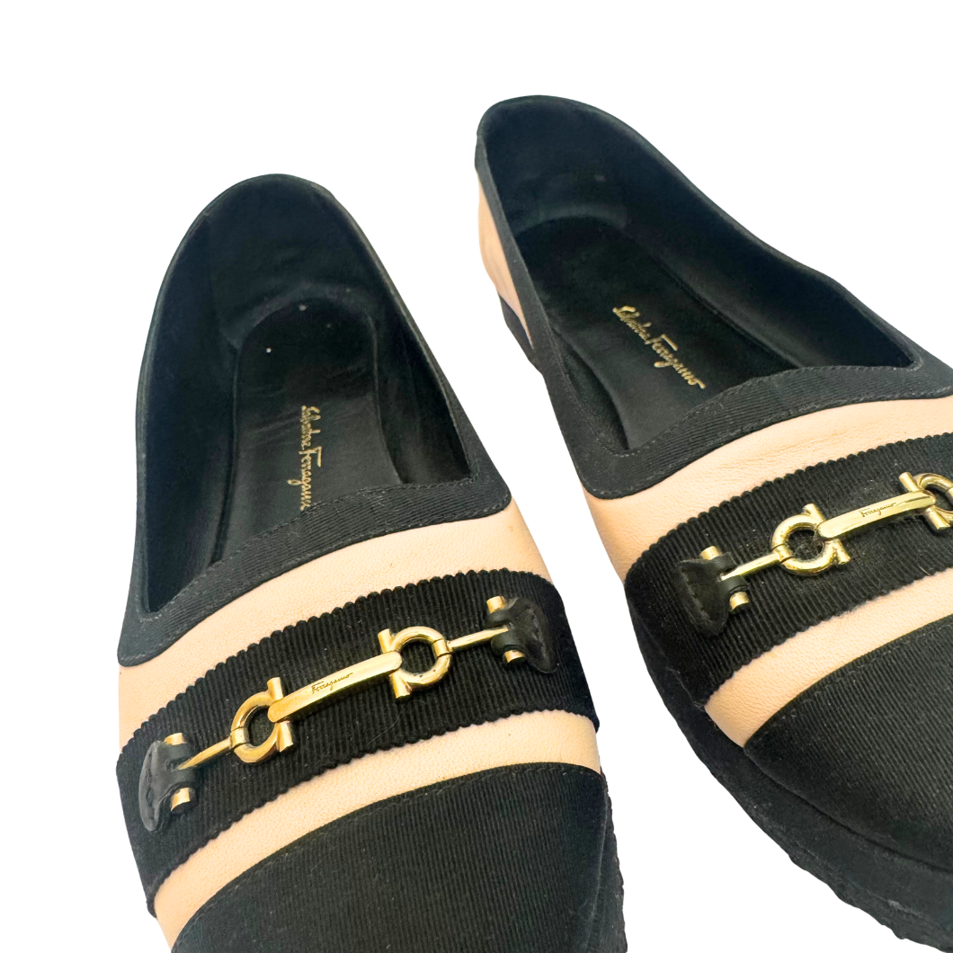 Salvatore Ferragamo Kaci Gancini Ballet Flats in Pink and Black, Size 39