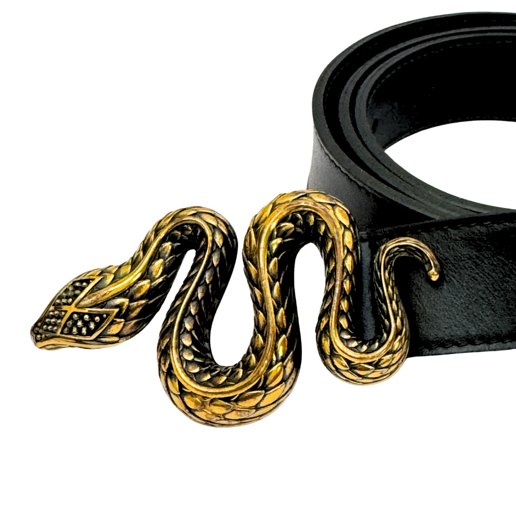 Roberto Cavalli Snake Buckle Belt in Black Leather, Size 100