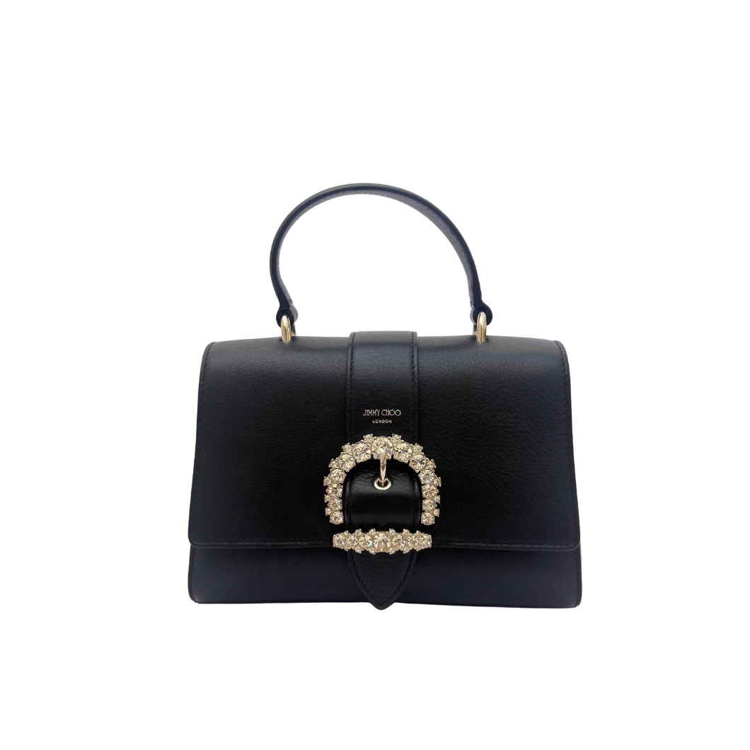 Jimmy Choo Cheri Top Handle Bag in Black Leather with Crystal Buckle