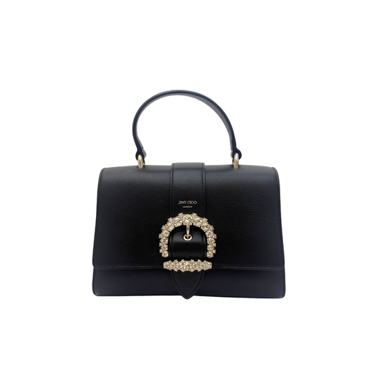 Jimmy Choo Cheri Top Handle Bag in Black Leather with Crystal Buckle