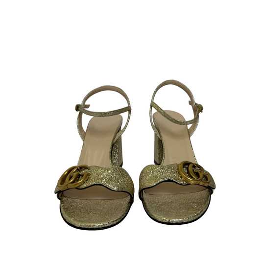 Gucci GG Gold Leather Scalloped Accent Sandals - Size 36