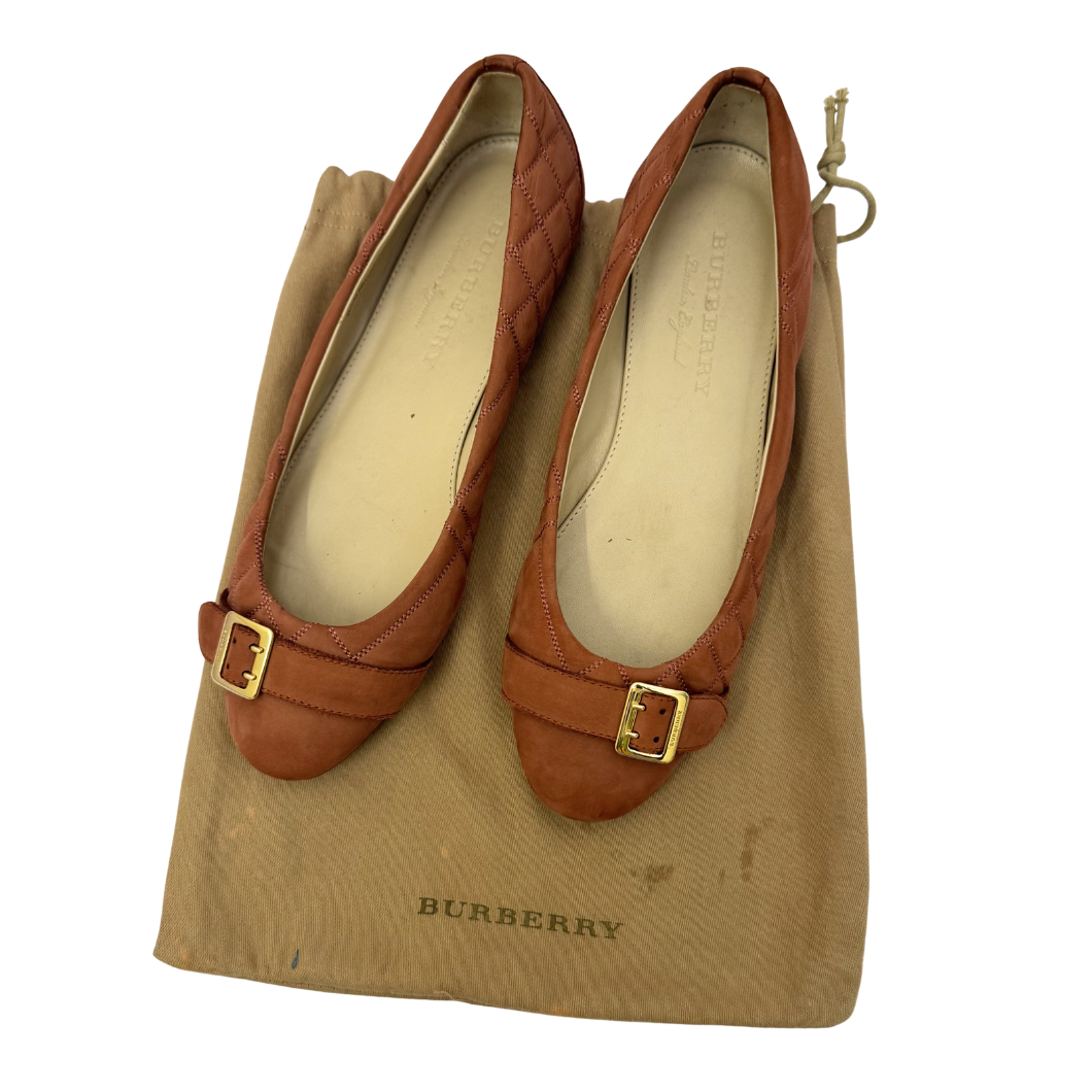 Burberry Quilted Suede Ballet Flats with Buckle Detail, Size 39