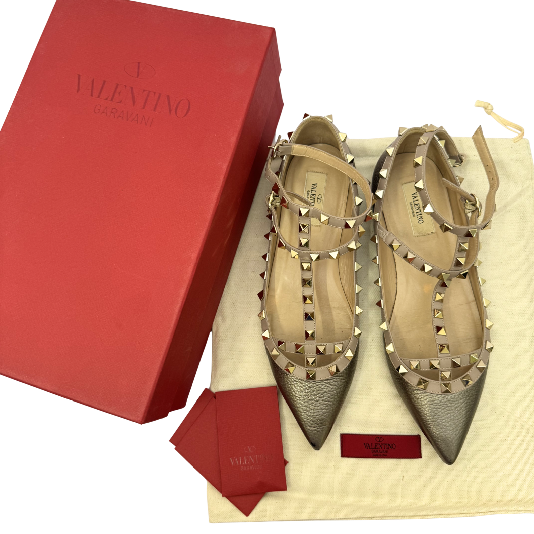 Valentino Garavani Rockstud Caged Ballet Flats in Metallic Pewter, Size 39