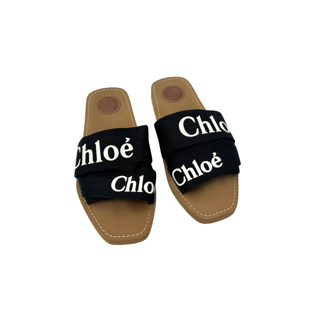 Chloé Woody Slides in Black Canvas, Size 39
