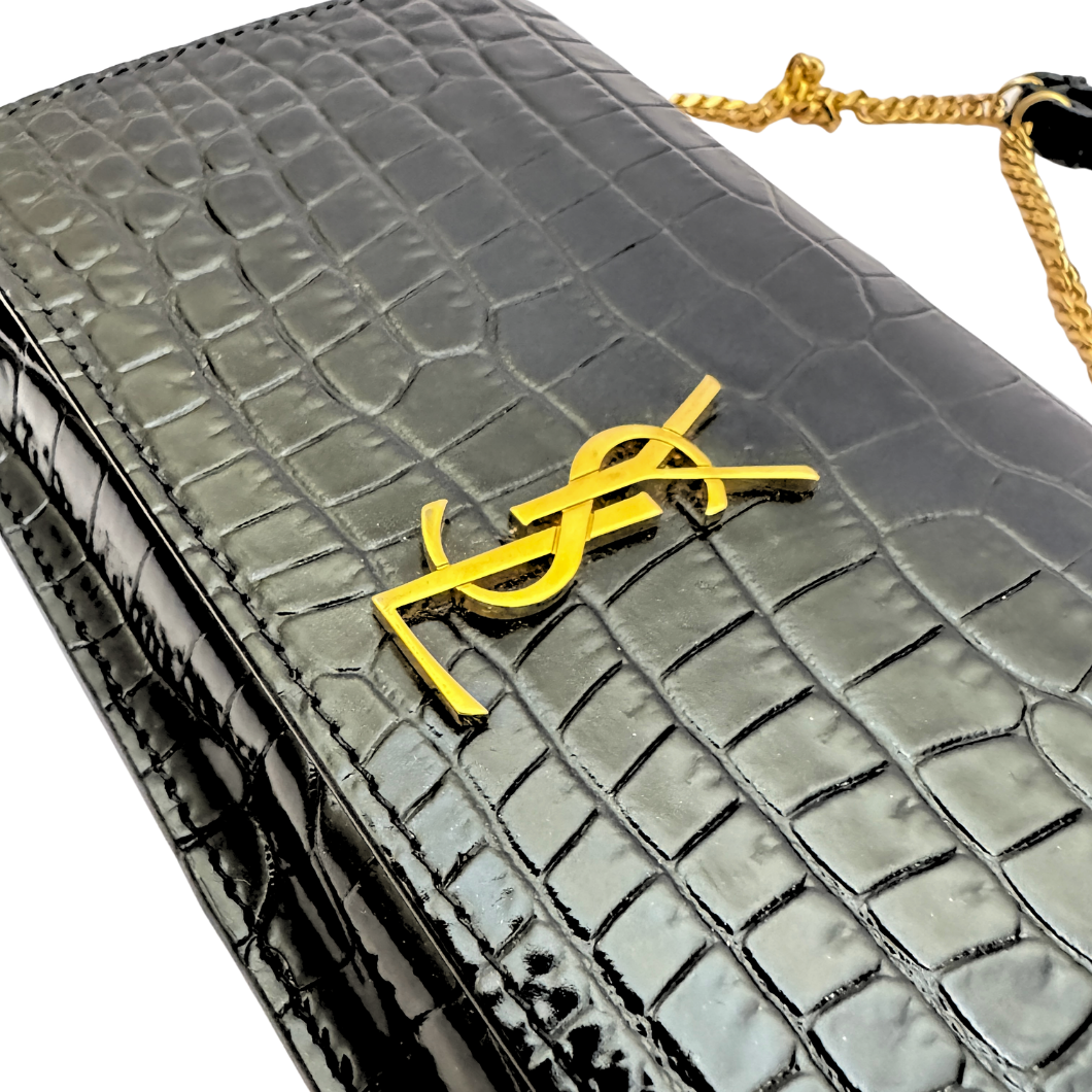 Saint Laurent Cassandre Phone Holder on Chain in Black Crocodile-Embossed Leather