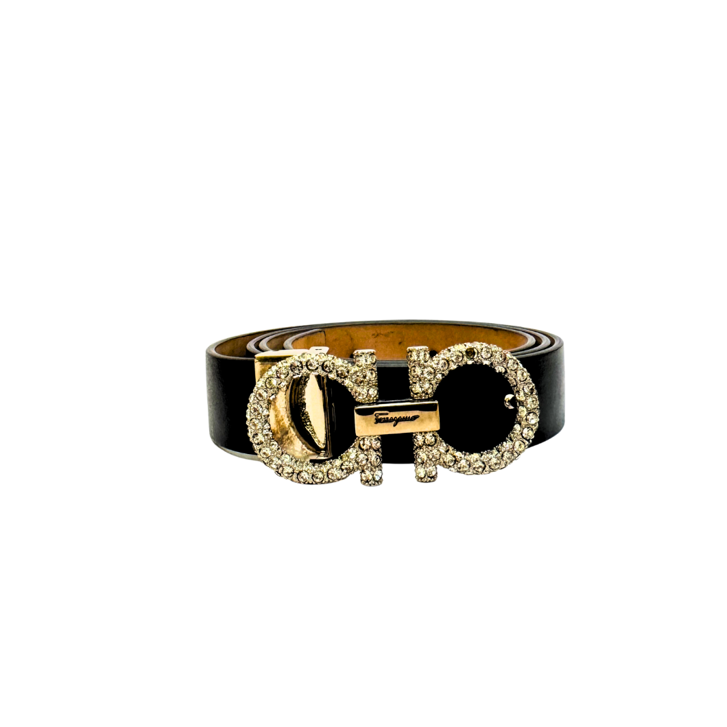 Salvatore Ferragamo Gancini Crystal Belt in Black Leather, Size 75cm