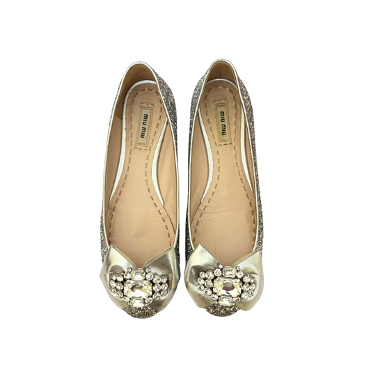 Miu Miu Crystal Glitter Bow Ballerina Flats in Silver, Size 39