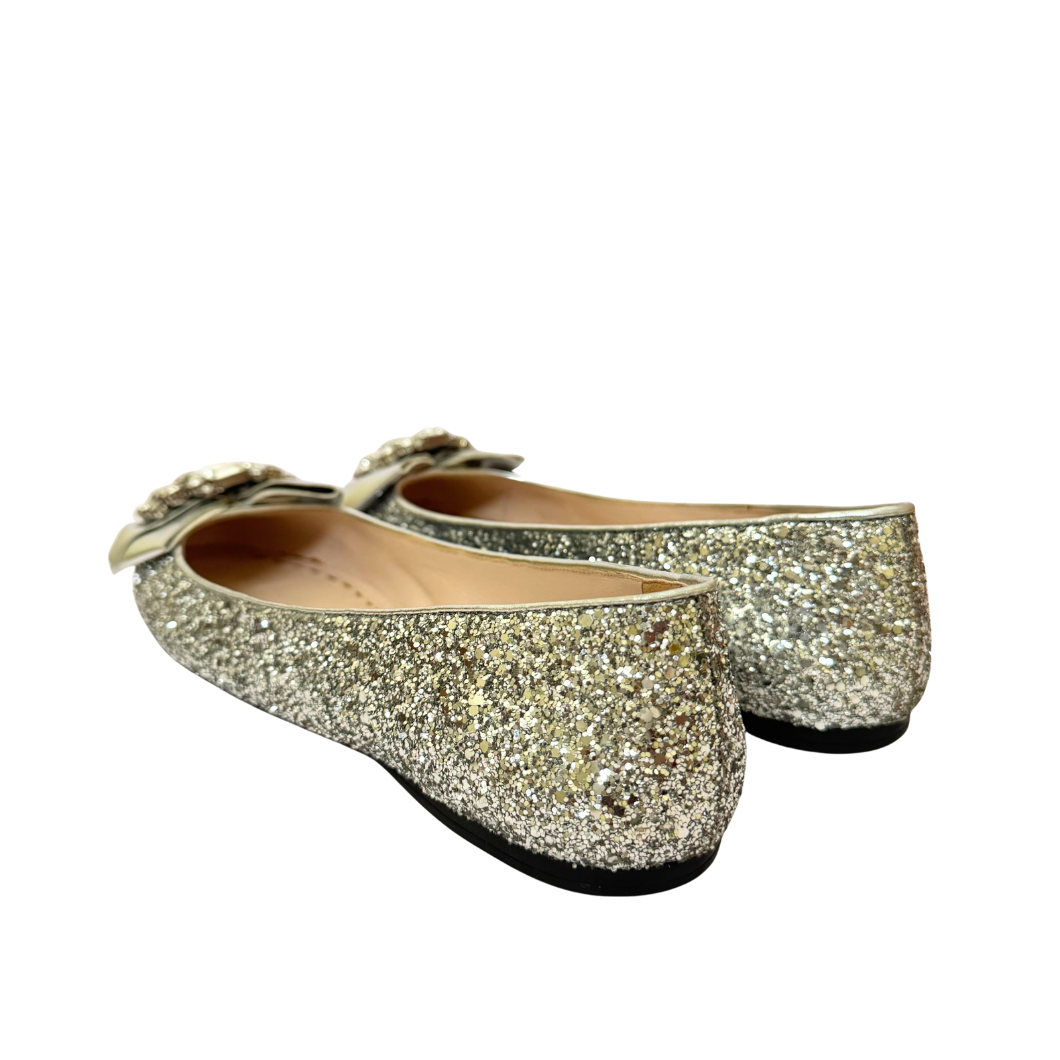 Miu Miu Crystal Glitter Bow Ballerina Flats in Silver, Size 39