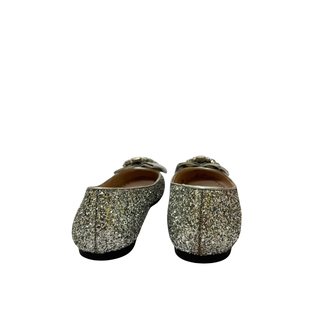 Miu Miu Crystal Glitter Bow Ballerina Flats in Silver, Size 39