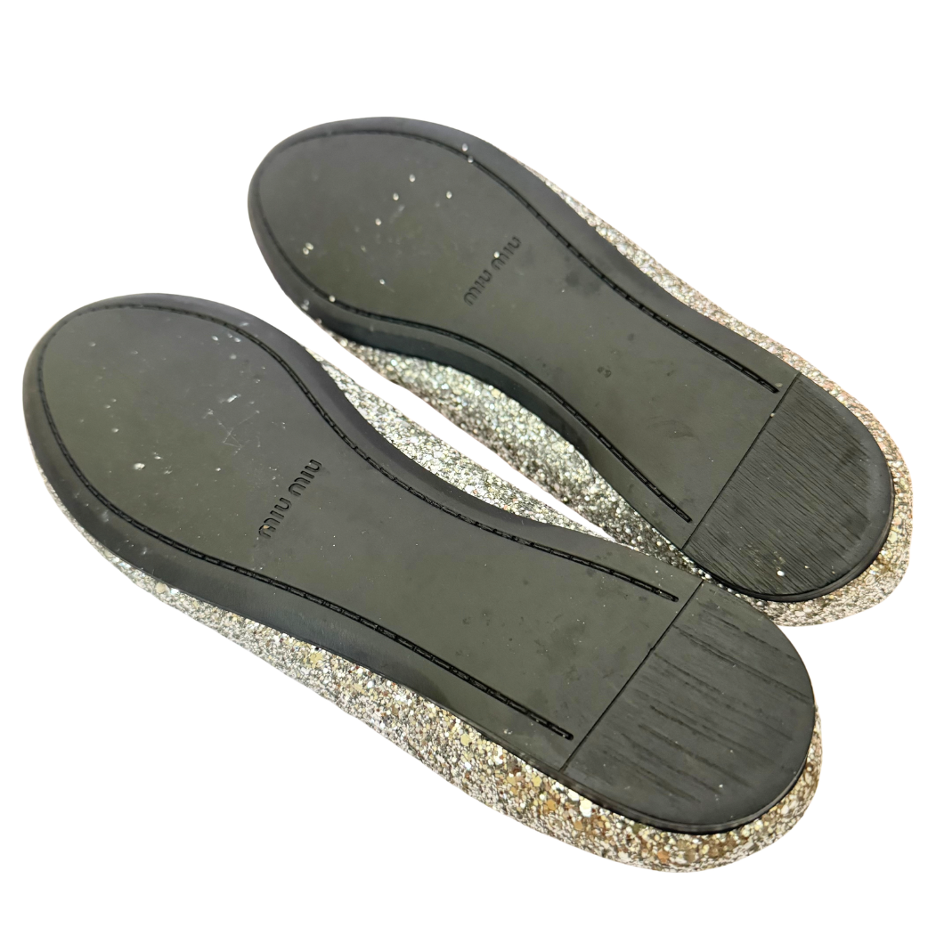 Miu Miu Crystal Glitter Bow Ballerina Flats in Silver, Size 39