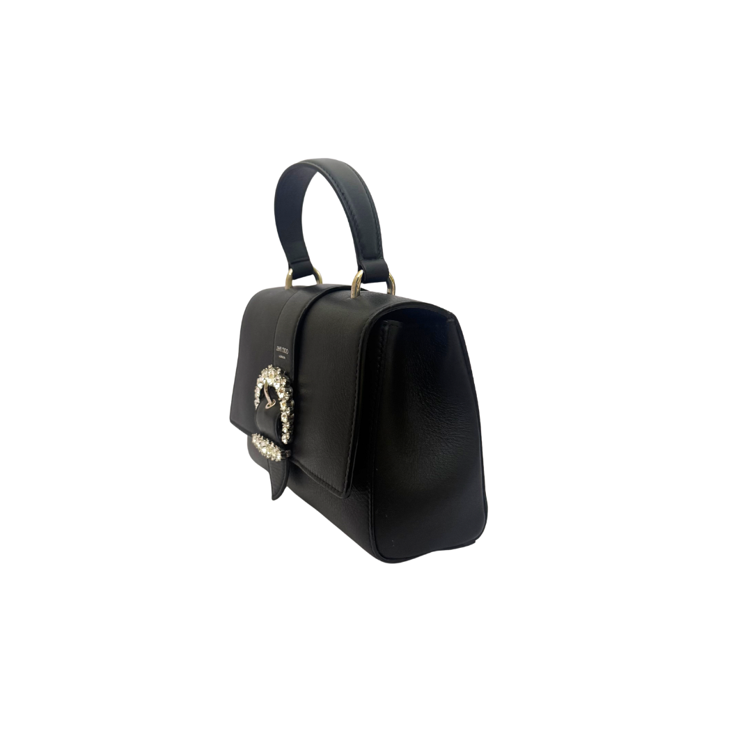 Jimmy Choo Cheri Top Handle Bag in Black Leather with Crystal Buckle