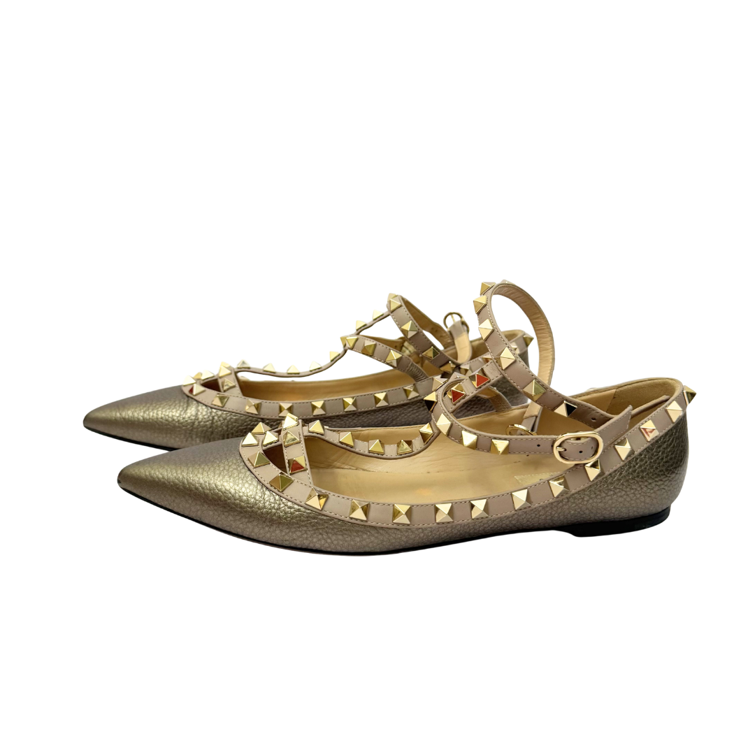 Valentino Garavani Rockstud Caged Ballet Flats in Metallic Pewter, Size 39