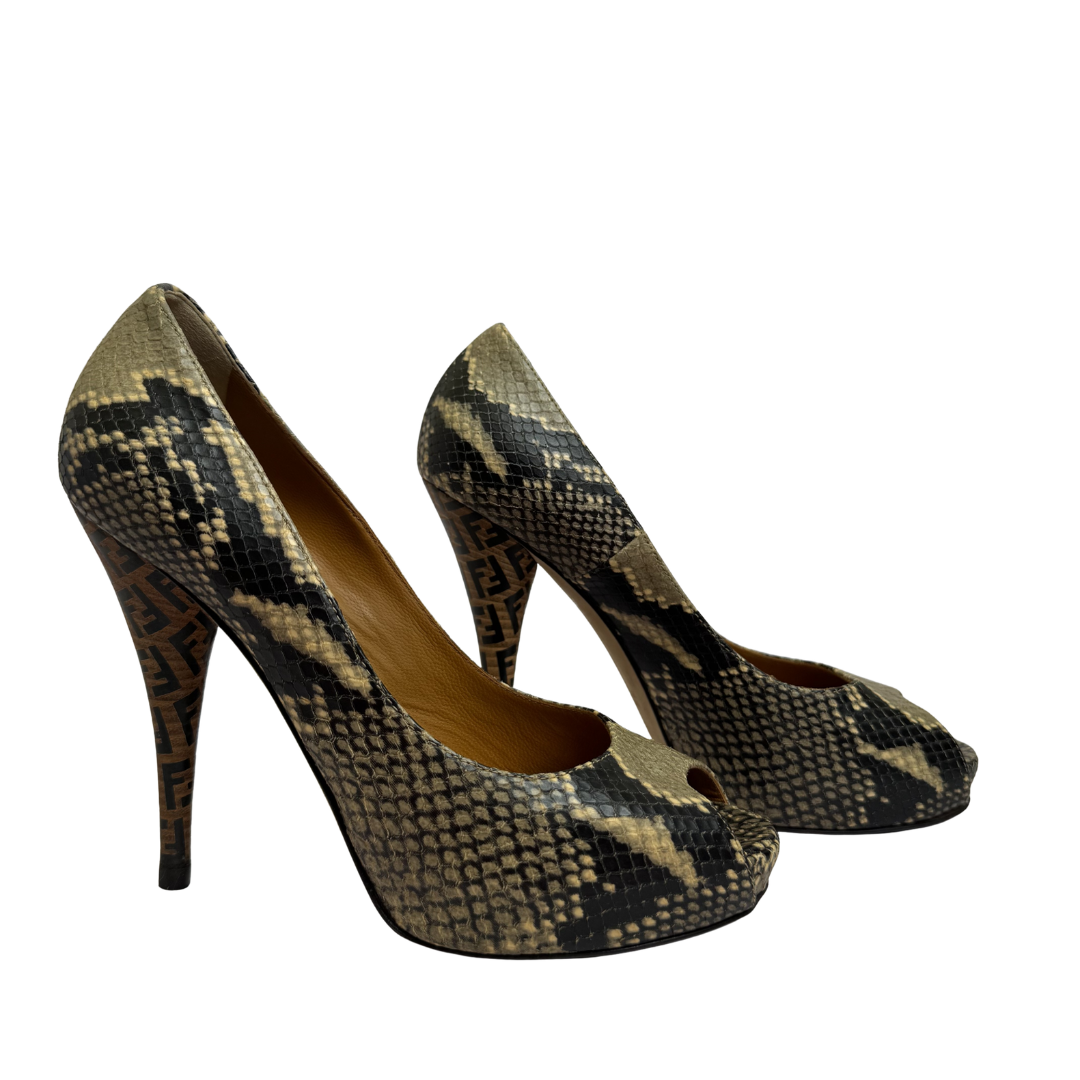 Fendi Brown Python Embossed Leather Peeptoes - Size 37