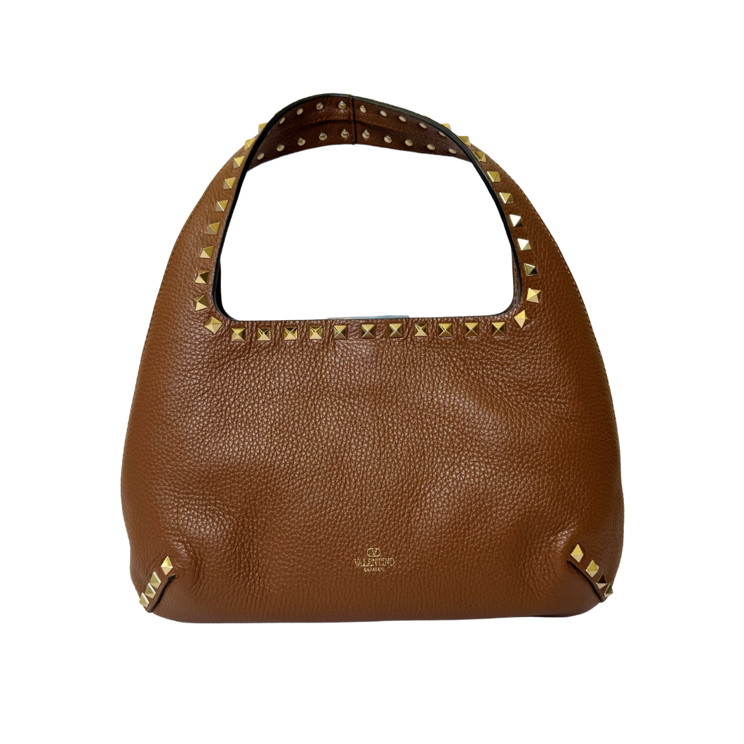 Valentino Garavani Rockstud Hobo Bag in Brown Leather