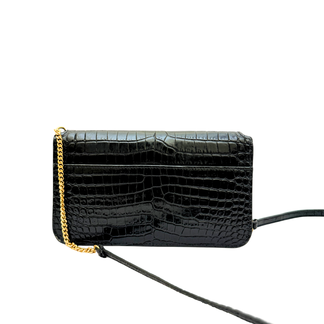 Saint Laurent Cassandre Phone Holder on Chain in Black Crocodile-Embossed Leather